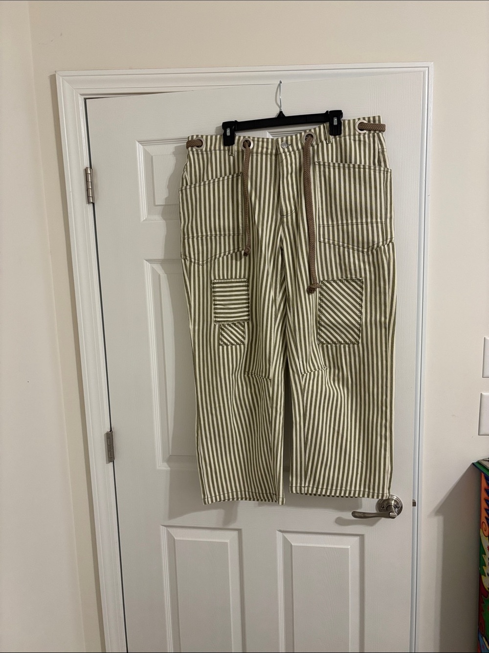 Striped Drawstring Barrel Pants - Olive/White